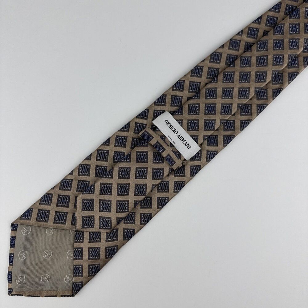 GIORGIO ARMANI Men's 100% Silk Necktie ITALY Designer Geometric Brown/Blue